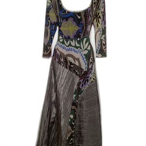 Viviana Gabeiras Long Sleeve Mesh Print Multicolor Silver Crinkle Maxi Dress XL